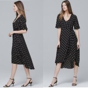 White House Black Market WHBM polka dot black white wrap midi dress